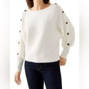 Anne Klein Off White Sweater Blouse with w/ Gold Button Sleeve Detail